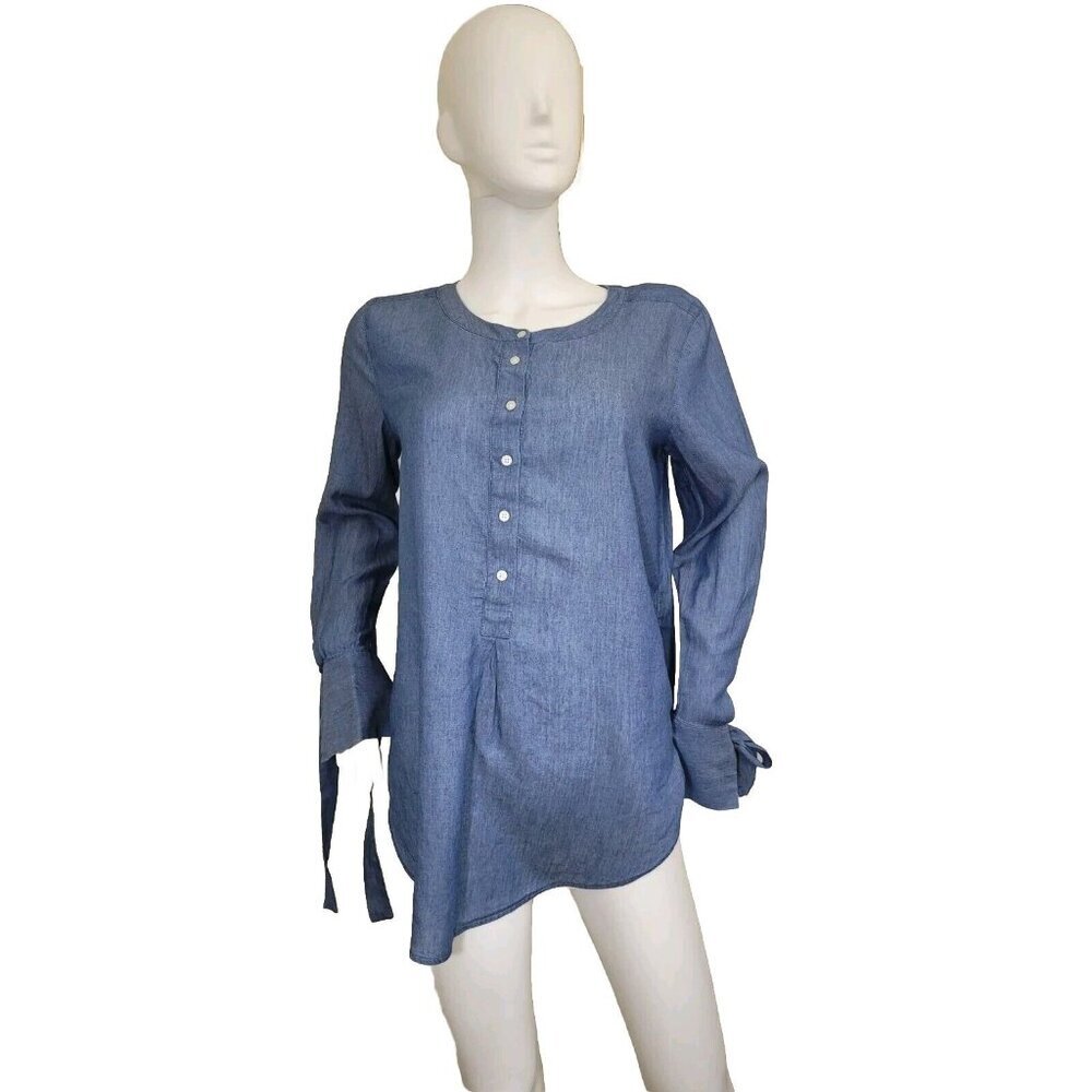 Loft Women's Shirt Top Blouse Size S Blue Chambray Tie Ribbon Cuff Henley (37)